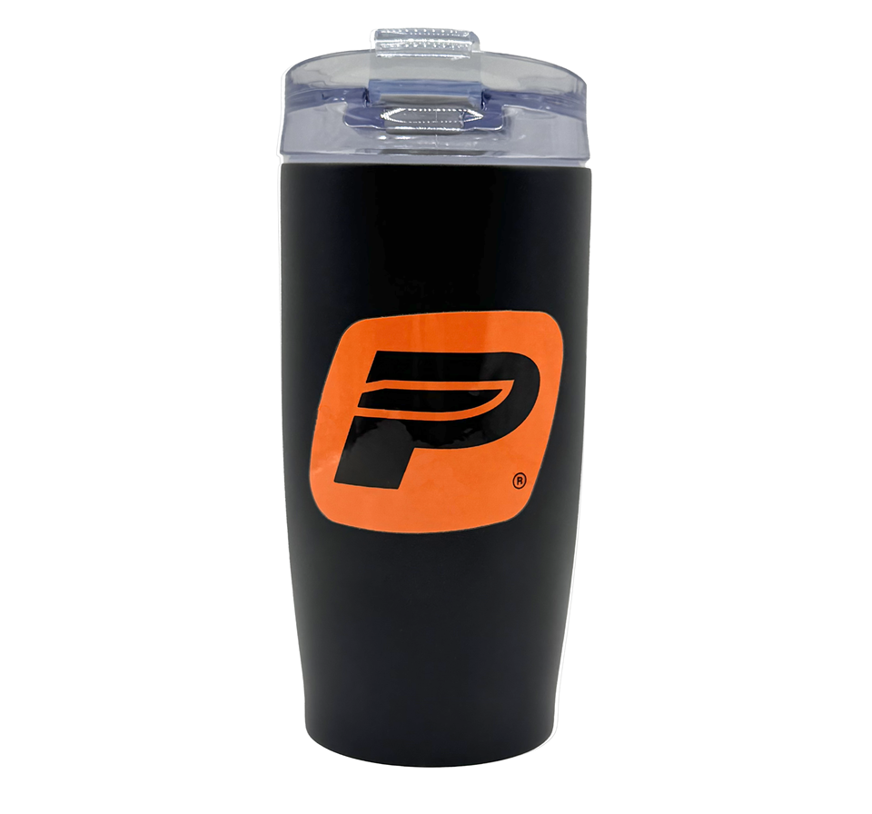 TASSE À CAFÉ PRINCECRAFT, 16 OZ NOIR – LOGO P – ORANGE STAINLESS STEEL PRINECRAFT COFFEE CUP, 16 OZ 