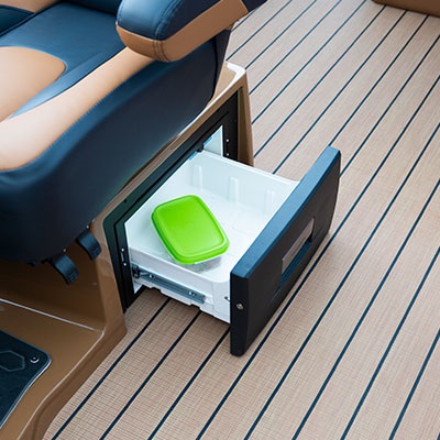 Optional 12V refrigerator drawer under the driver’s seat