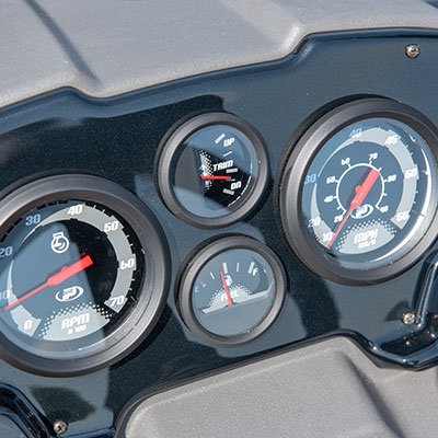 Instrumentation: tachometer, speed, trim, and fuel gauges