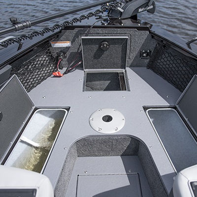 Ice chest, livewell, and storage compartment under the bow casting platform