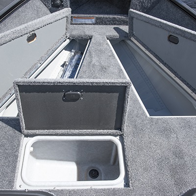 Storage compartments under the bow platform and 61 L/16 U.S. gal. electric-filled aerated livewell
