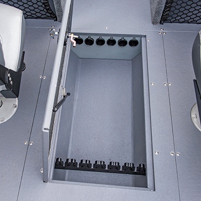 In-floor lockable rod organizer for 6 rods