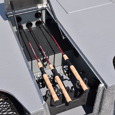 Large lockable rod organizer with tubes for rods in the bow casting platform