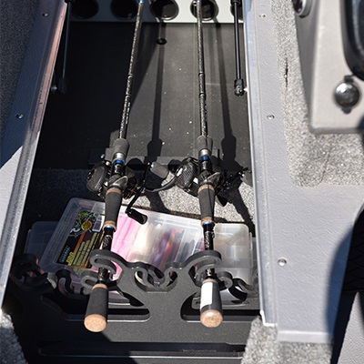 Large lockable rod organizer with tubes for 10 rods in the bow casting platform