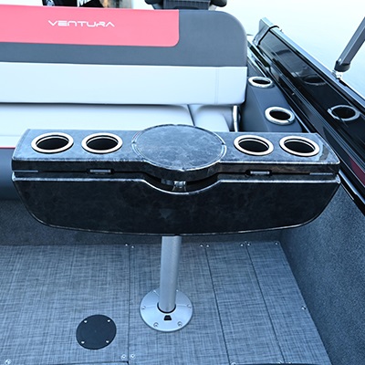 Black folding pedestal mount snack table with cup holders