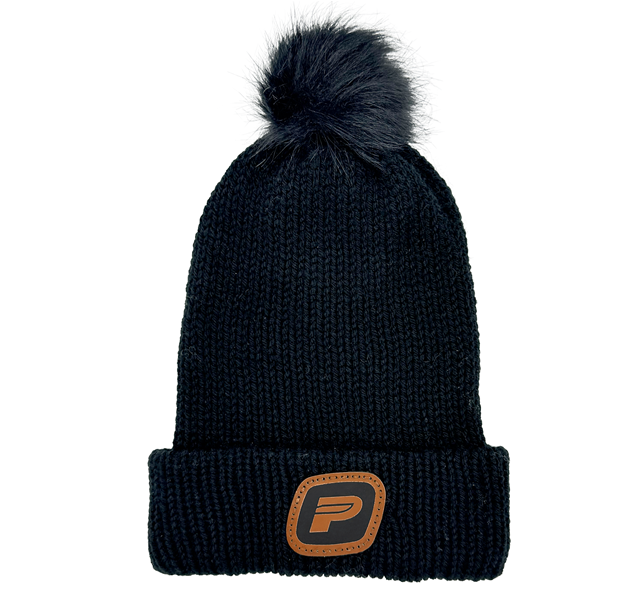 Tuque à bord roulé en tricot - pompom avec écusson en cuir - Noir
