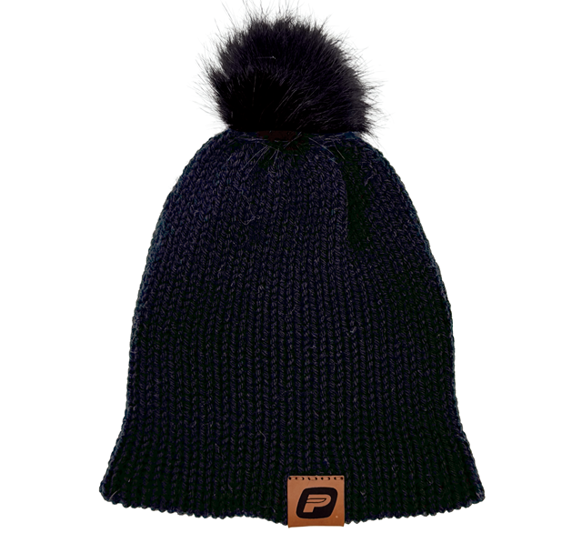 Tuque en tricot - pompom avec écusson en cuir - Noir