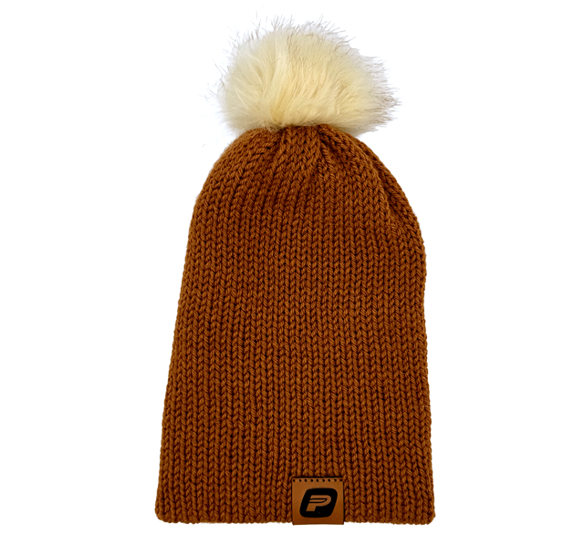 Tuque en tricot - pompom avec écusson en cuir - Rouille